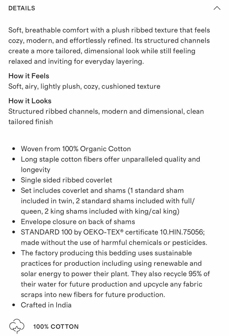 Quince Organic Ribbed Cotton Coverlet and Sham Set 3 pc King / Cal. king new no - Picture 5 of 10
